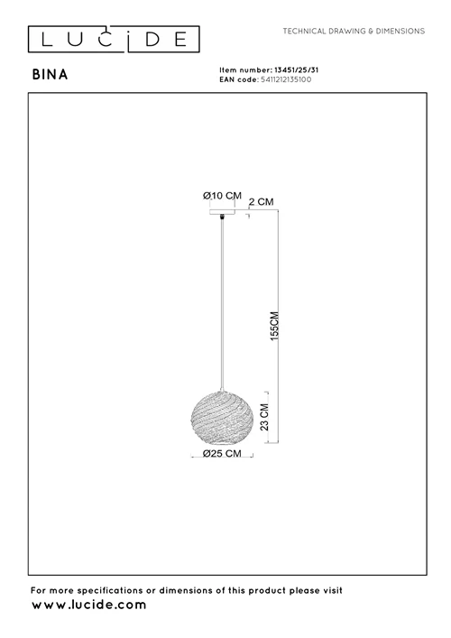 Lucide BINA - Pendant light - Ø 25 cm - 1xE27 - White - technical